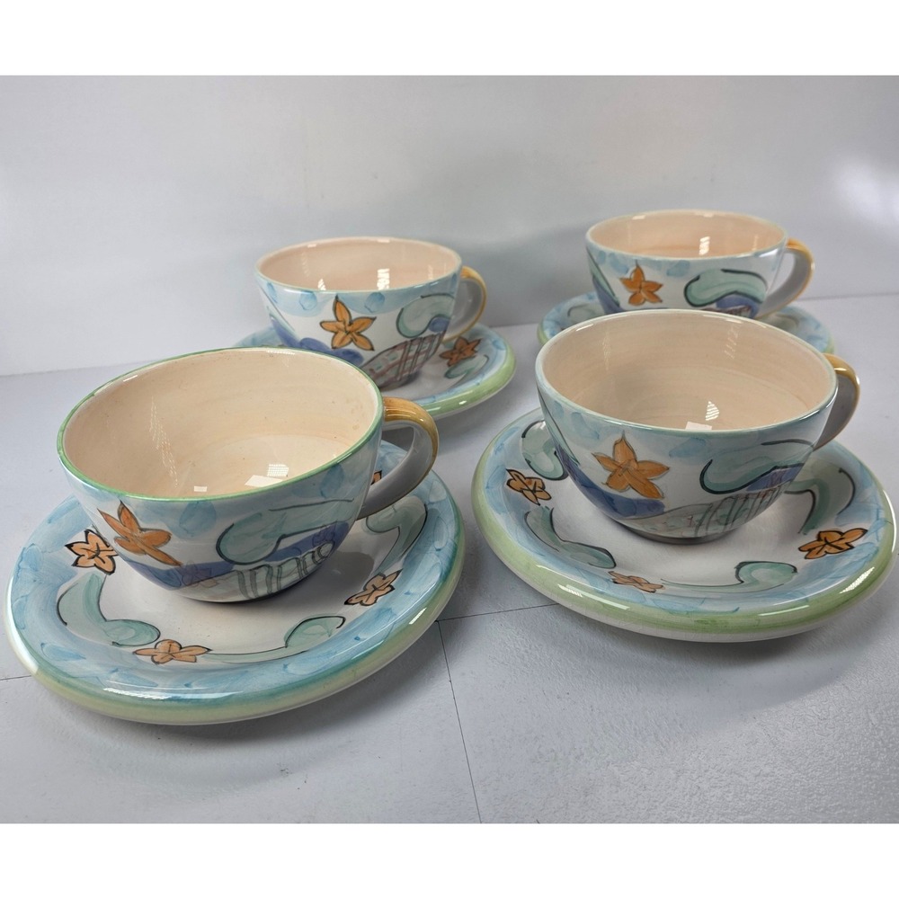 8 Pc Bella Ceramica Coastal Cup Saucer Hand Painted Shells Starfish Blue Delray
